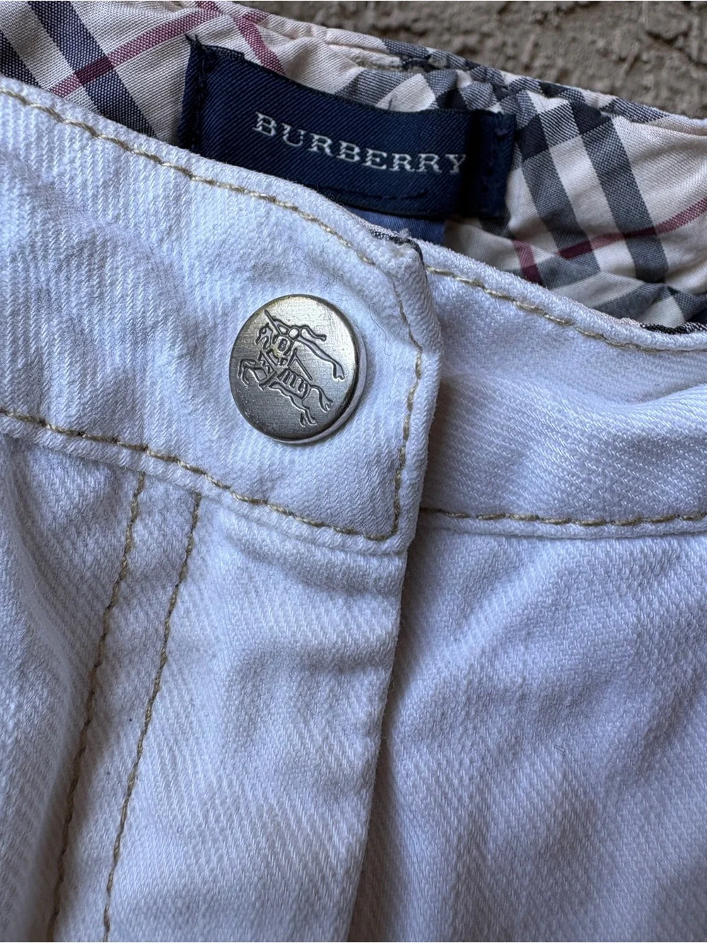 Burberry White Denim Mini Skirt with Signature Plaid Waist